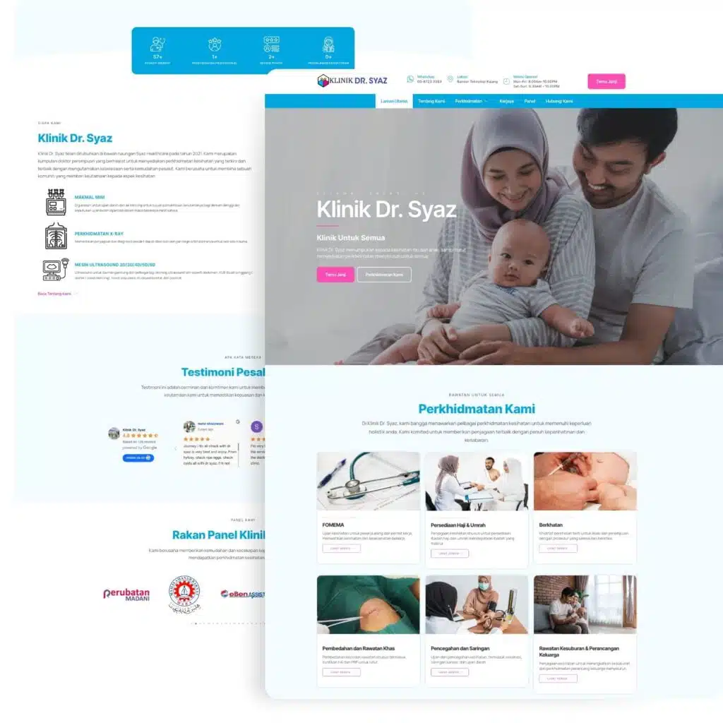 Healthcare website design showcasing a family with a baby, emphasizing pediatric services and patient-friendly features.