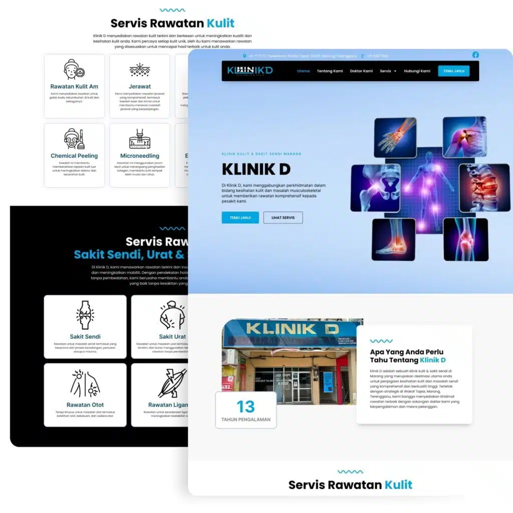 Klinik D website showcasing health services with vibrant graphics and clear navigation options for patient engagement.
