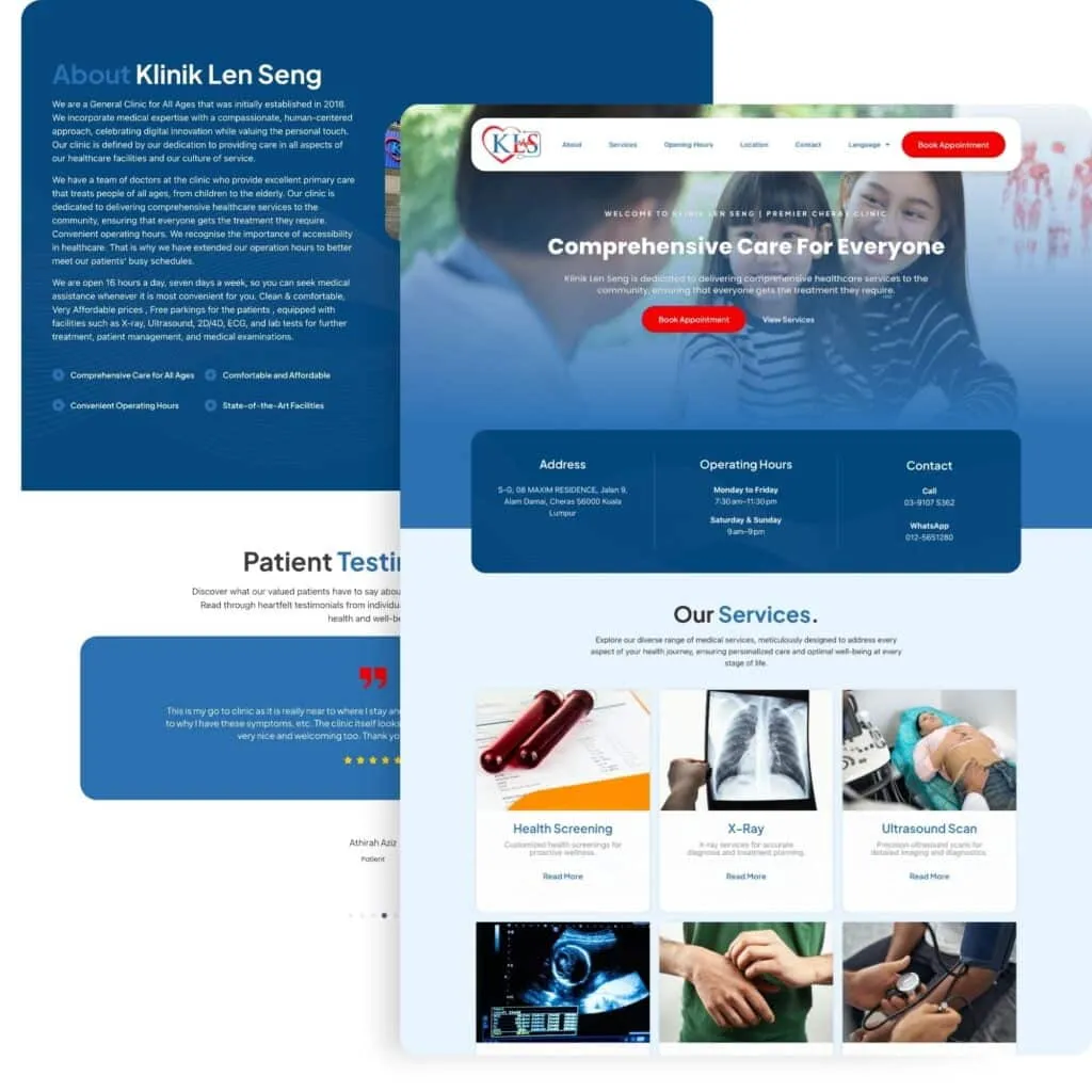 Healthcare website design showcasing patient services and testimonials, featuring a modern layout and engaging visuals.