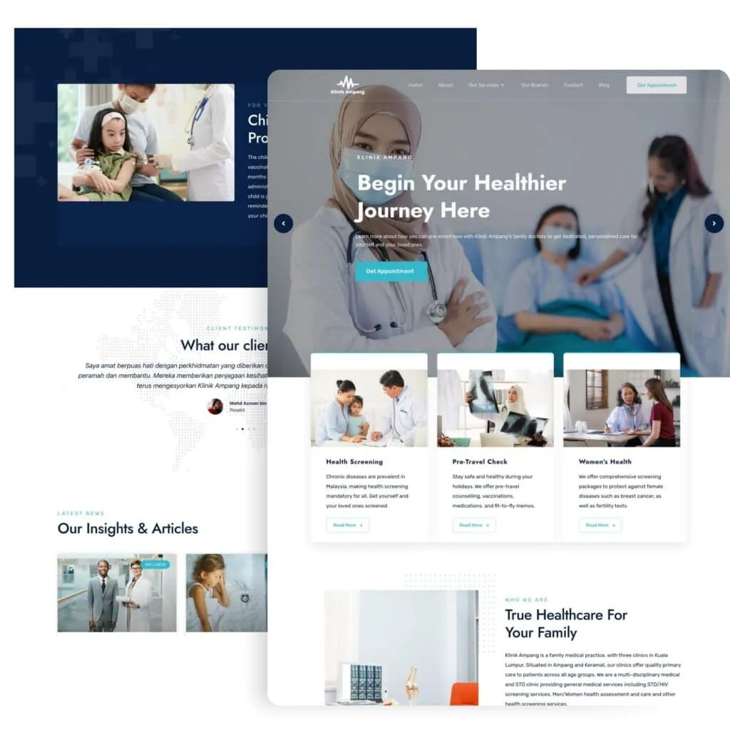 Healthcare website design showcasing patient-centered services and medical professionals interacting with patients.