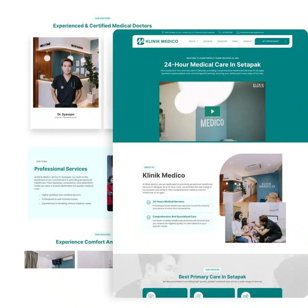 Modern healthcare website design showcasing patient care services and professional staff, emphasizing user-friendly navigation and information accessibility.