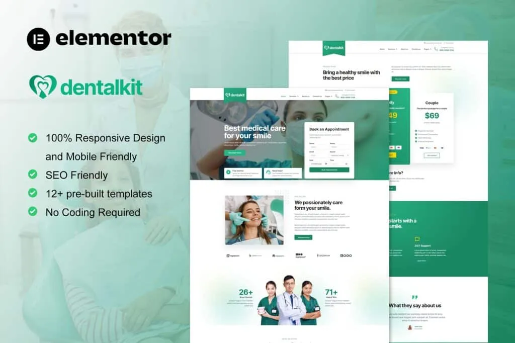 Dental website template showcasing responsive design and user-friendly features for dental practices. Ideal for Elementor users.