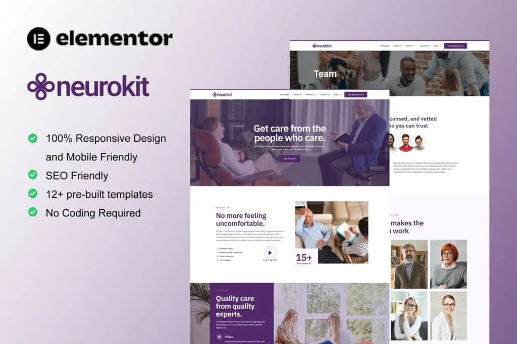 Elementor Neurokit showcases responsive web design templates for healthcare, emphasizing user-friendly features and customization.