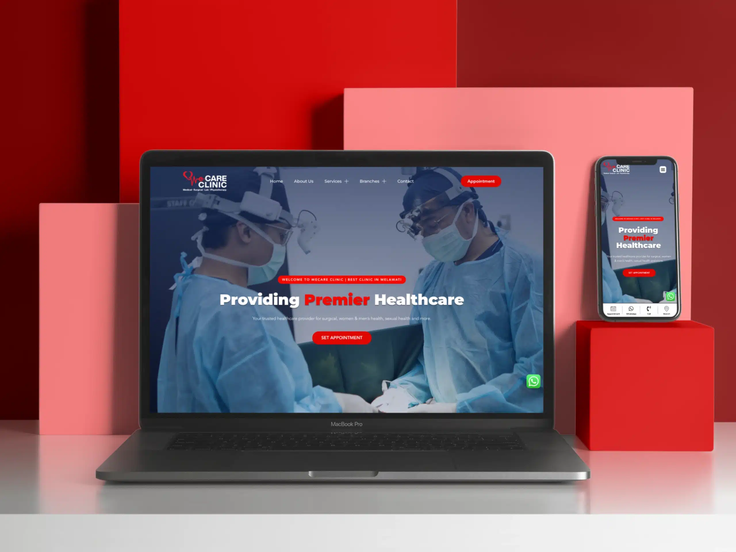 Healthcare website displayed on laptop and smartphone, featuring medical professionals in surgical attire, emphasizing quality care.