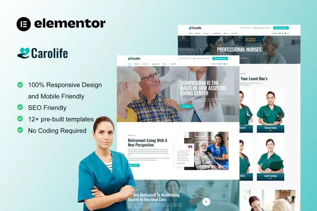 Healthcare website template showcasing responsive design, user-friendly interface, and customizable elements for senior care services.