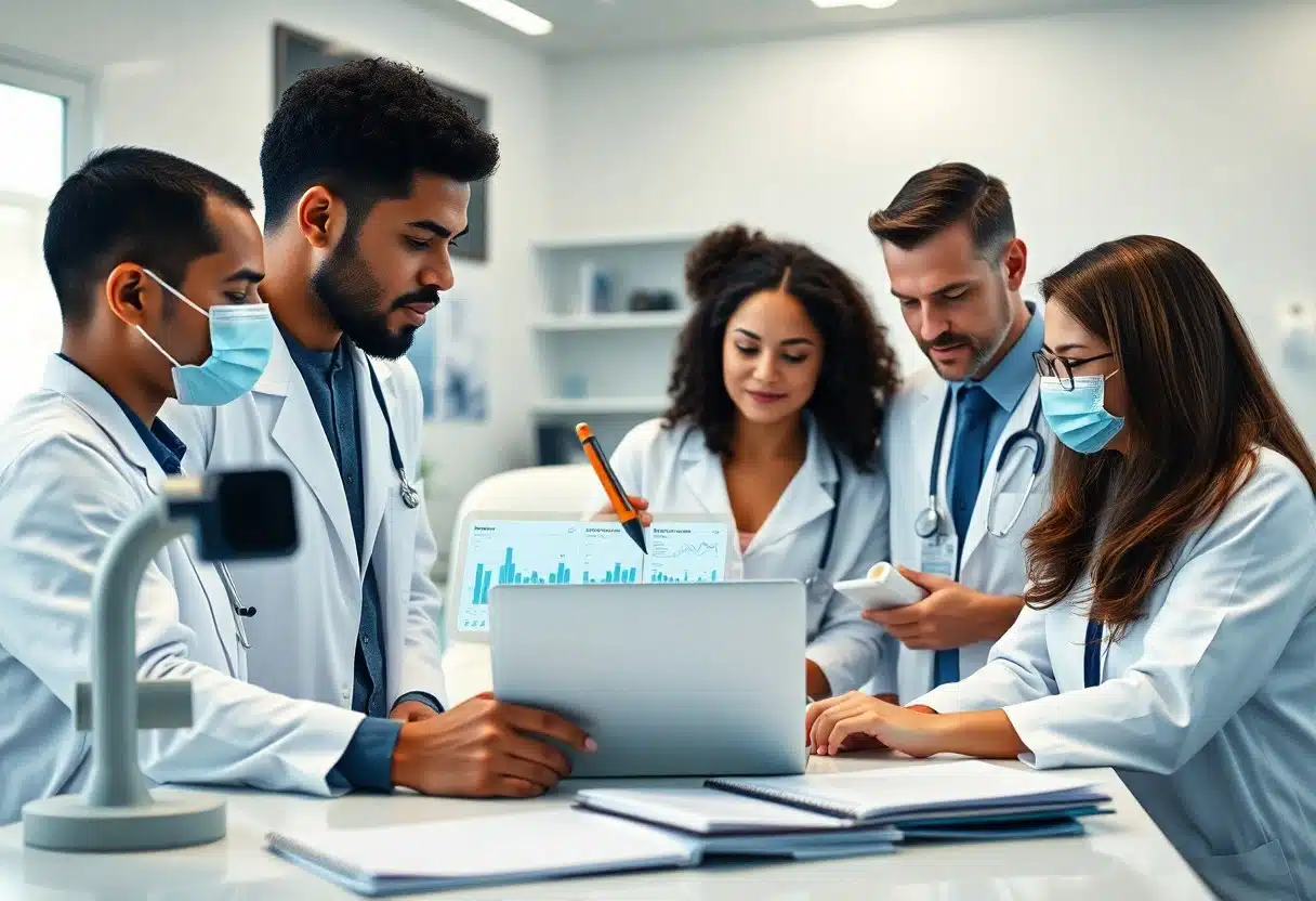 Medical team analyzing patient data on a laptop in a modern clinic, showcasing collaboration and technology in healthcare.