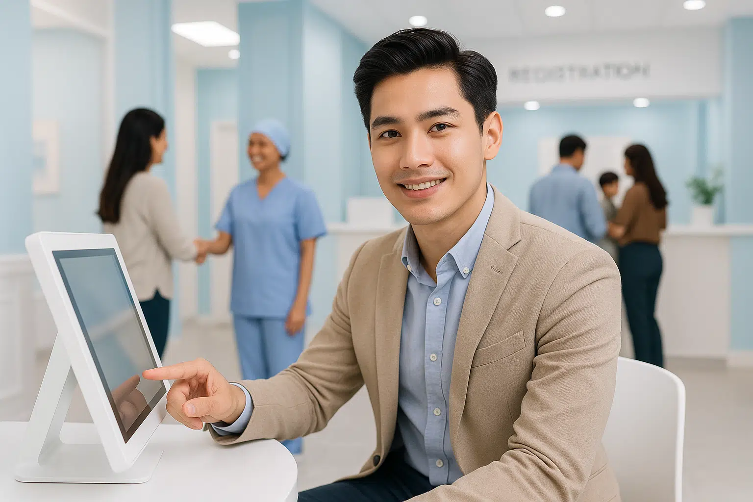 Smiling man in a blazer using a tablet at a healthcare registration desk, showcasing a welcoming medical environment.