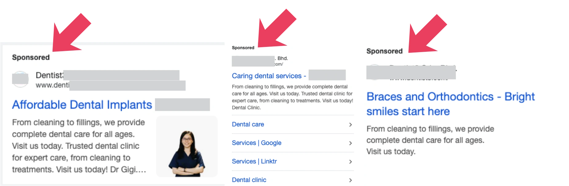 Sponsored dental service ads showcasing affordable implants, orthodontics, and complete care for all ages.