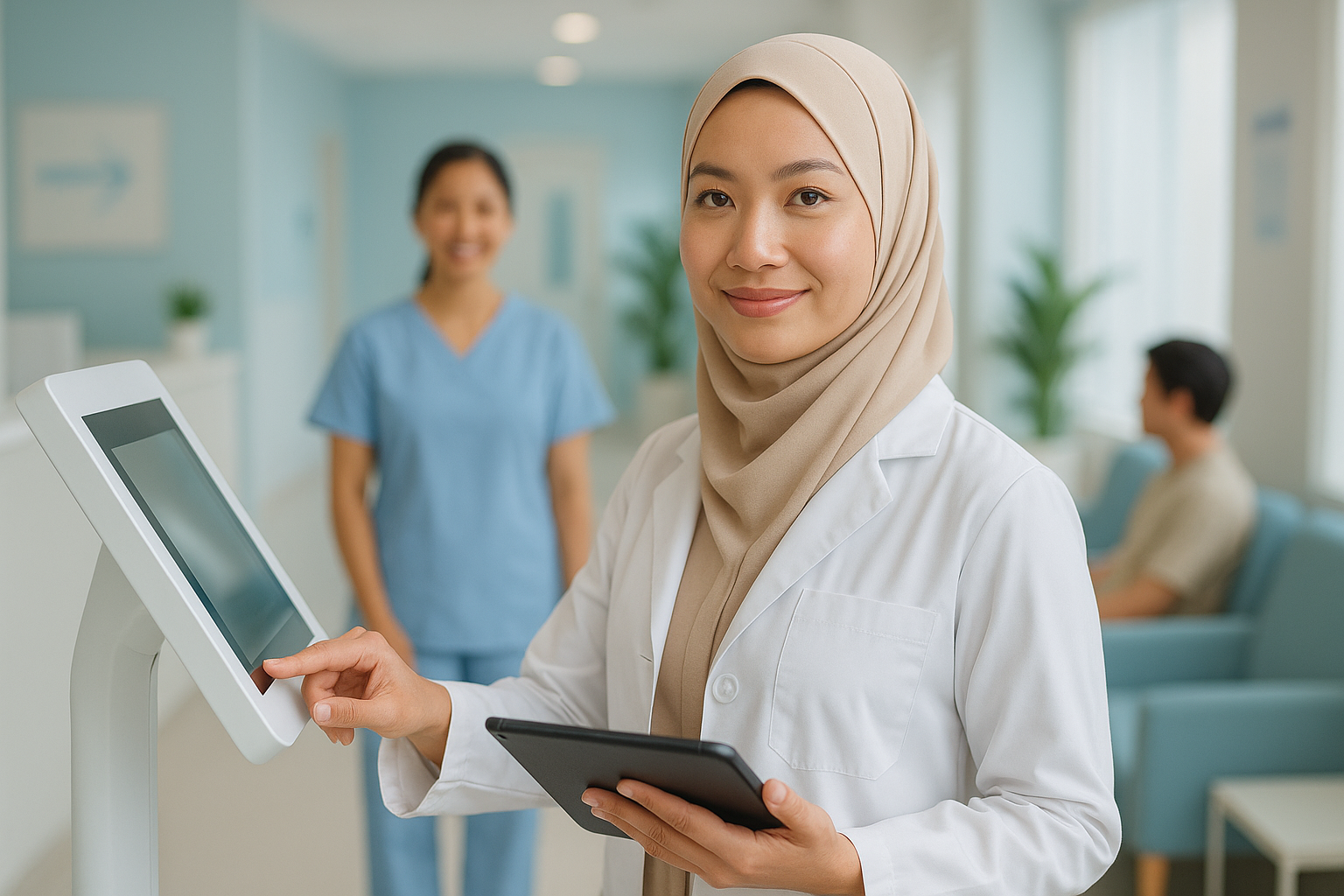 Healthcare professional in a white coat and hijab using a tablet at a digital kiosk in a modern clinic.