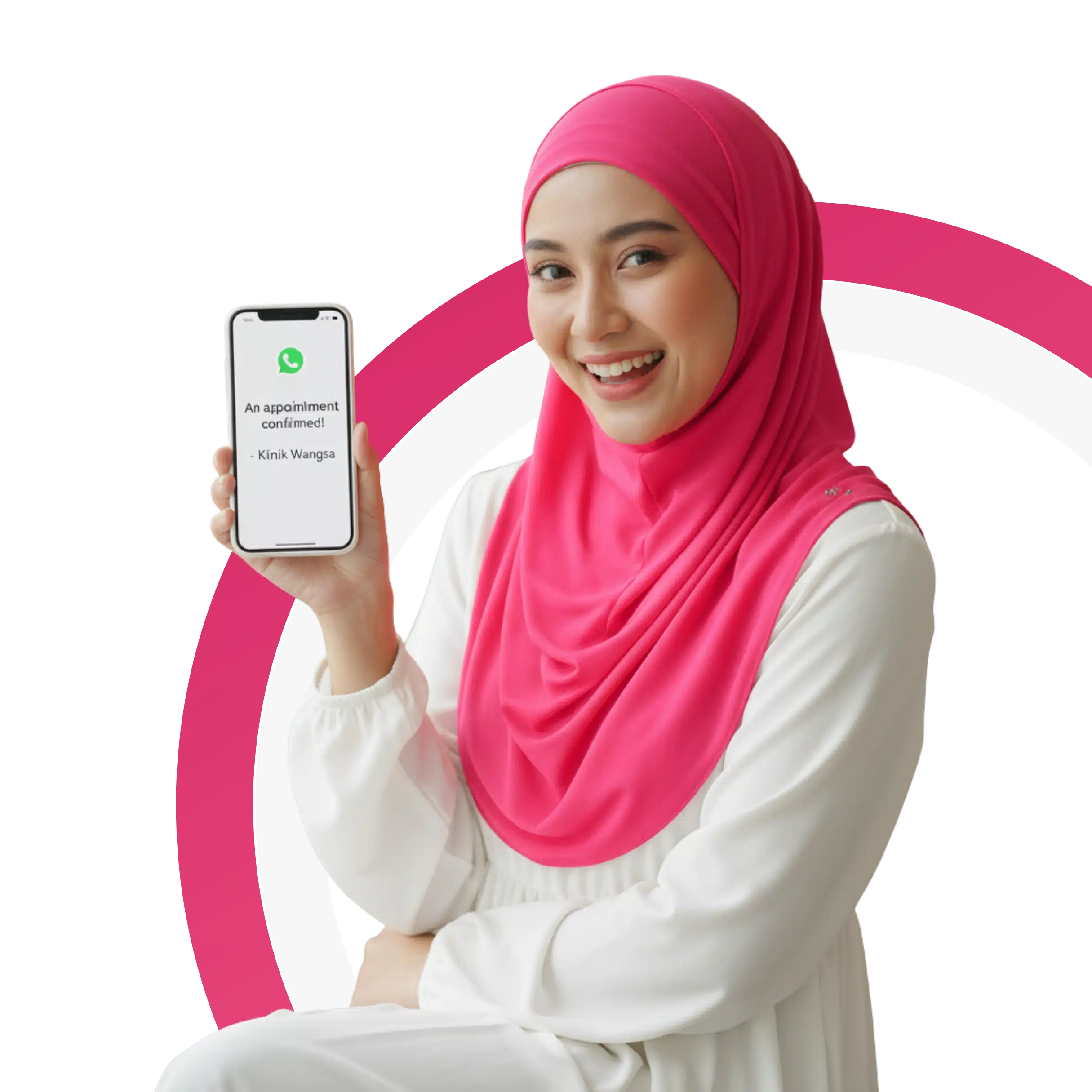 Smiling woman in a pink hijab holding a smartphone, showcasing a mobile app interface for easy access to services.
