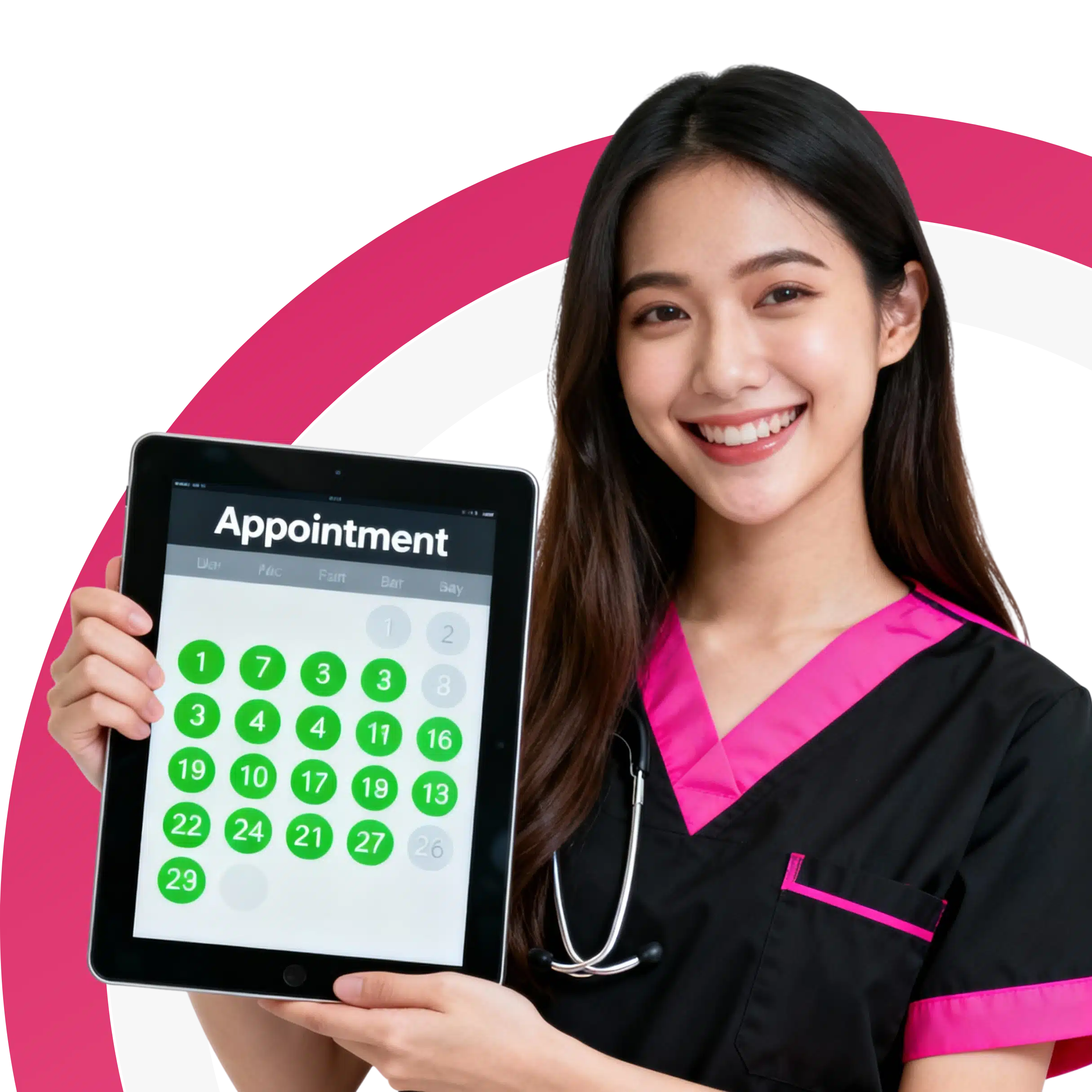 Smiling healthcare professional in scrubs holding a tablet displaying an appointment calendar, promoting easy scheduling.