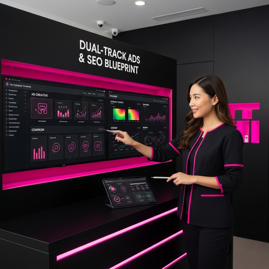 Professional woman interacting with a digital display showcasing dual-track ads and SEO strategies, emphasizing data analytics.