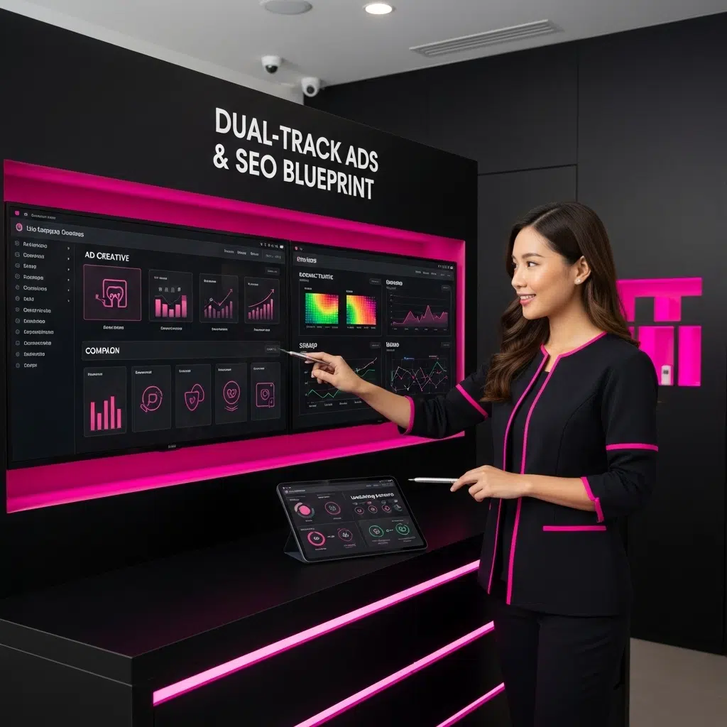 Professional woman interacting with a digital display showcasing dual-track ads and SEO strategies, emphasizing data analytics.