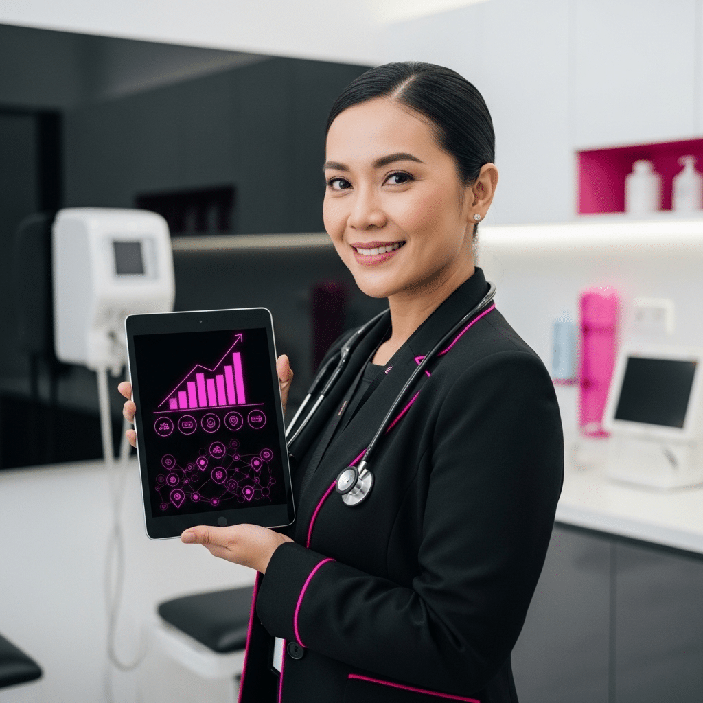 Healthcare professional showcasing a tablet with health data analytics in a modern clinic setting.