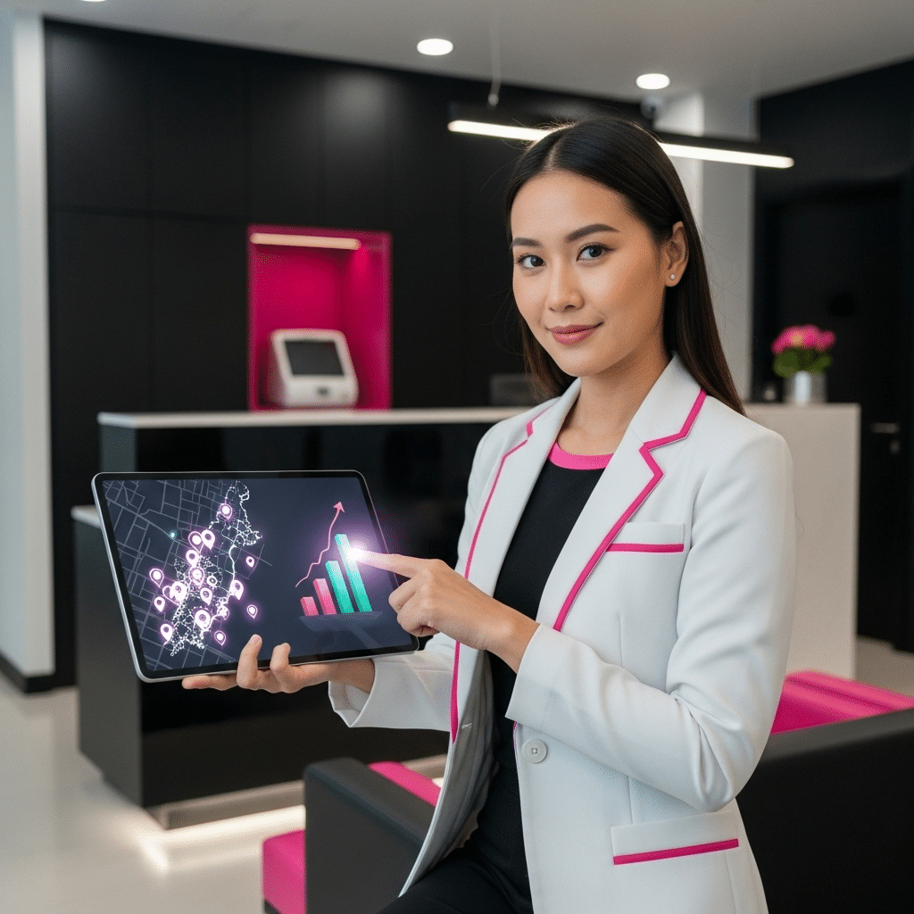 Business professional presenting data analytics on a tablet, showcasing growth trends in a modern office setting.