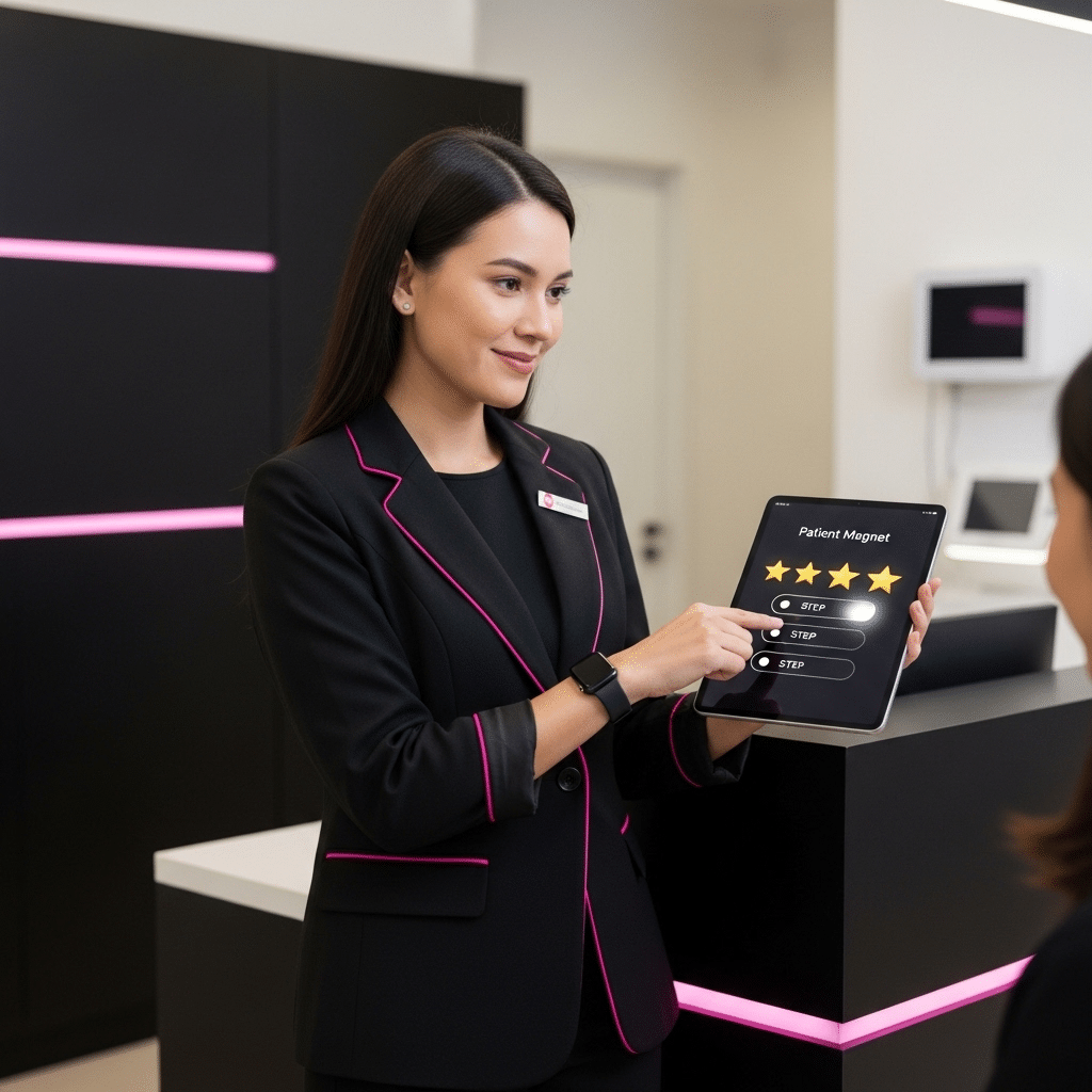 Receptionist demonstrating the Patient Magnet app on a tablet, showcasing a five-star rating system for patient feedback.