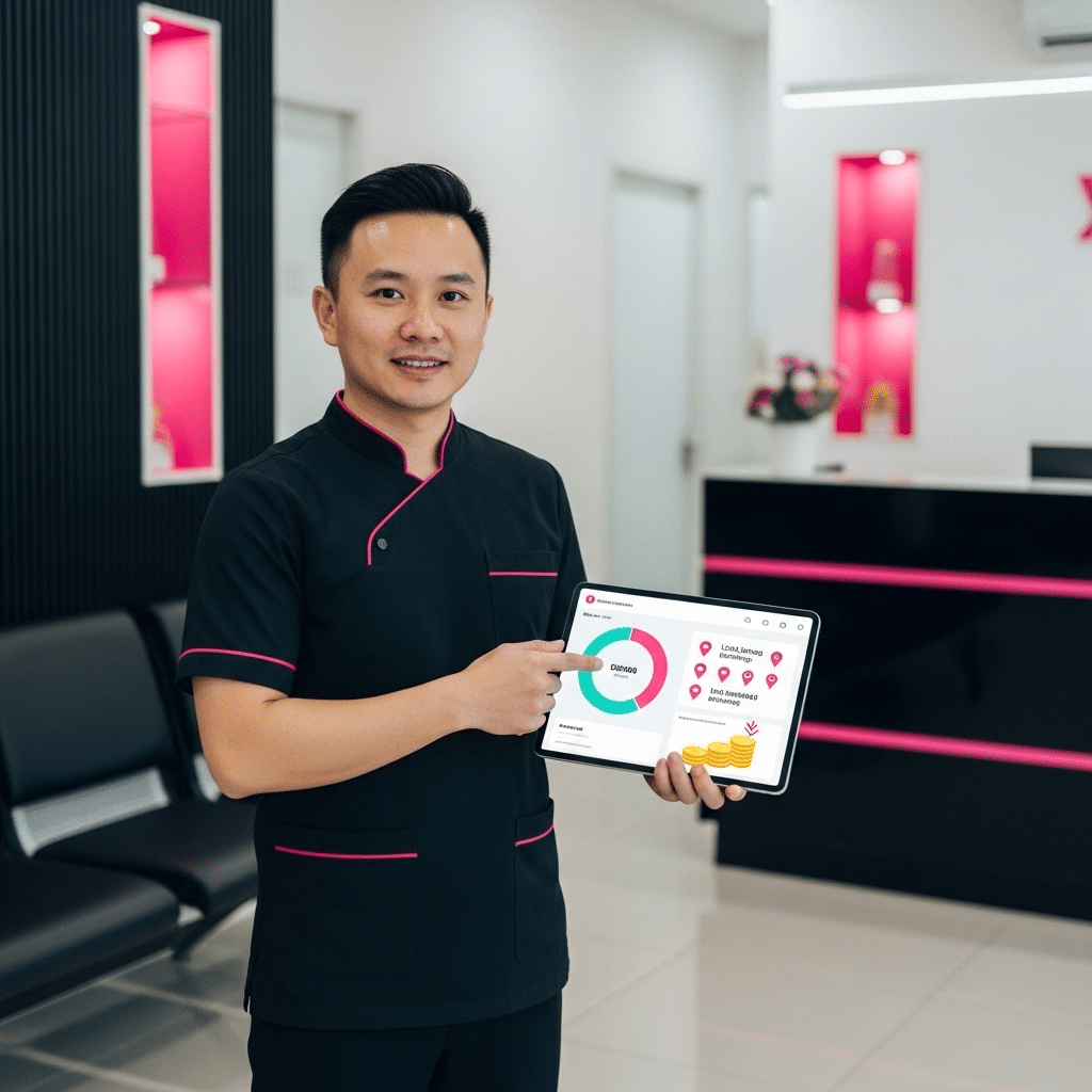 Healthcare professional presenting digital patient data on a tablet in a modern clinic lobby, showcasing service efficiency.
