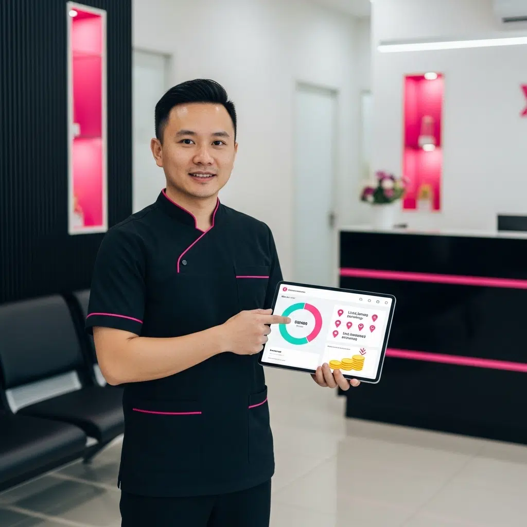 Healthcare professional presenting digital patient data on a tablet in a modern clinic lobby, showcasing service efficiency.
