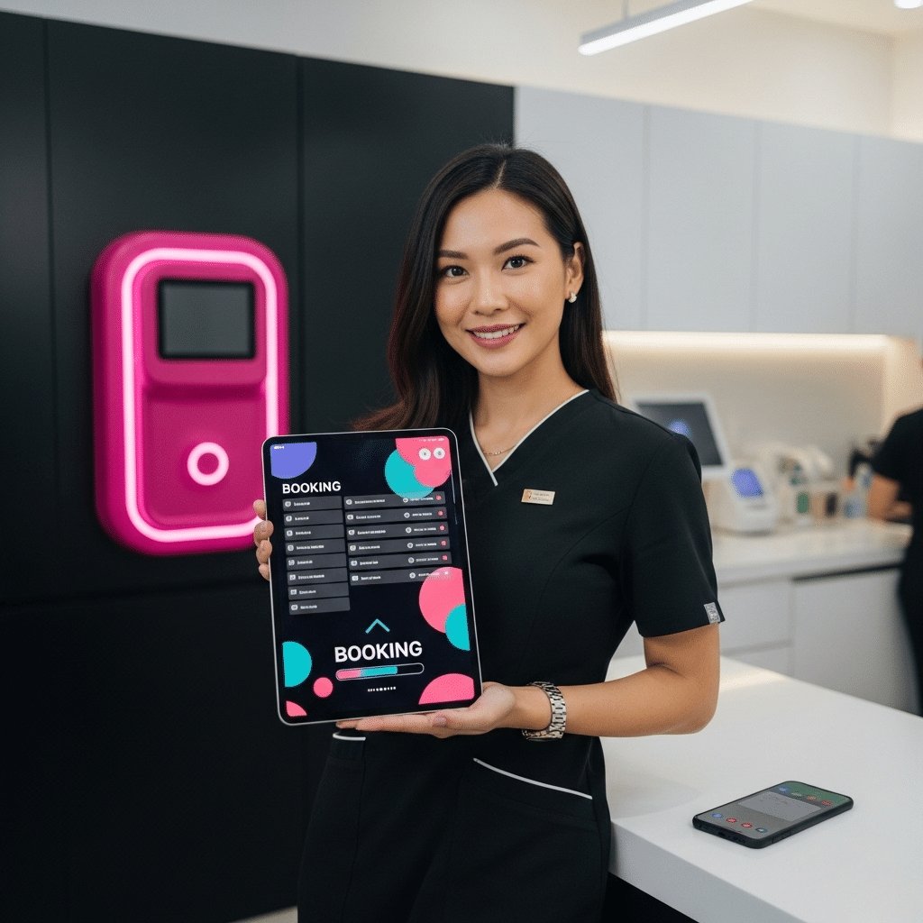Smiling staff member in a modern clinic holding a tablet displaying a booking interface, showcasing digital appointment management.