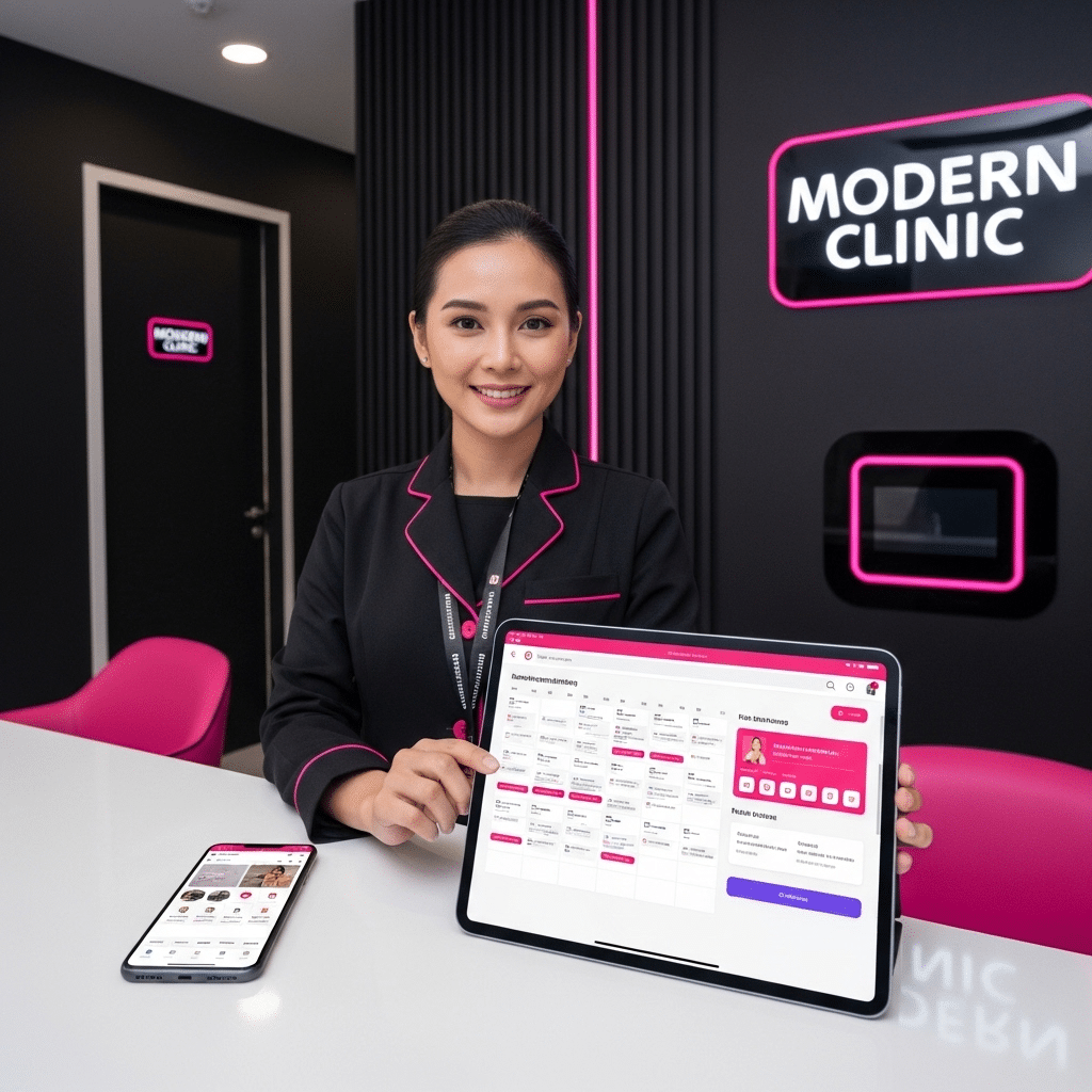 Smiling staff member at Modern Clinic showcasing a digital scheduling app on a tablet, enhancing patient service experience.